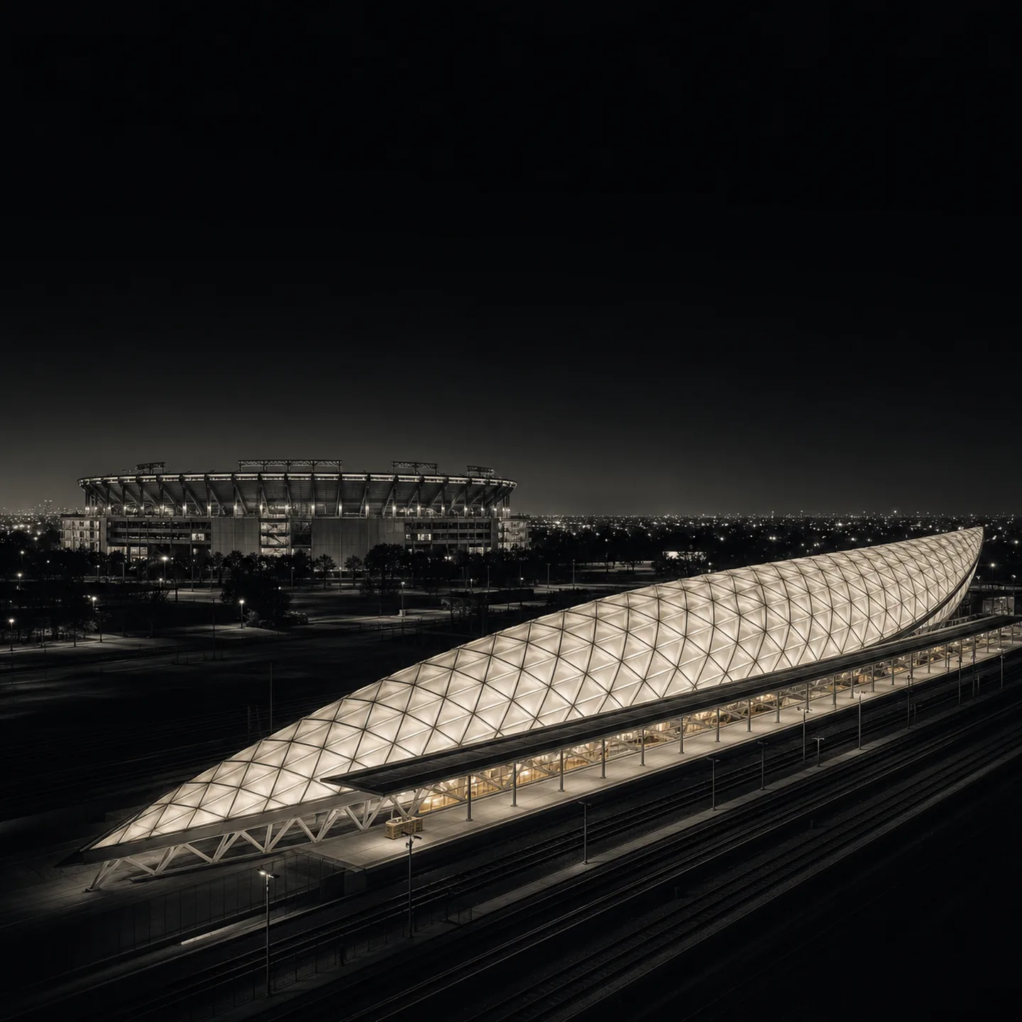 ARTIC's illuminated diamond-shaped shell with Angel Stadium beyond the rail corridor at blue hour.