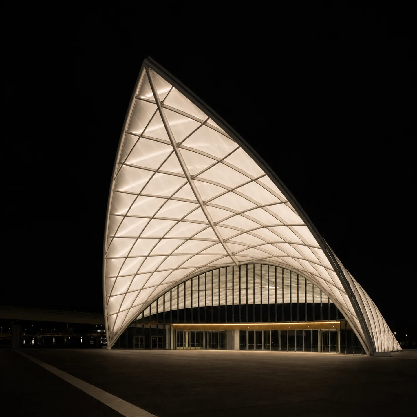 The illuminated ETFE shell and white steel lattice of ARTIC above an empty arrival court at night.