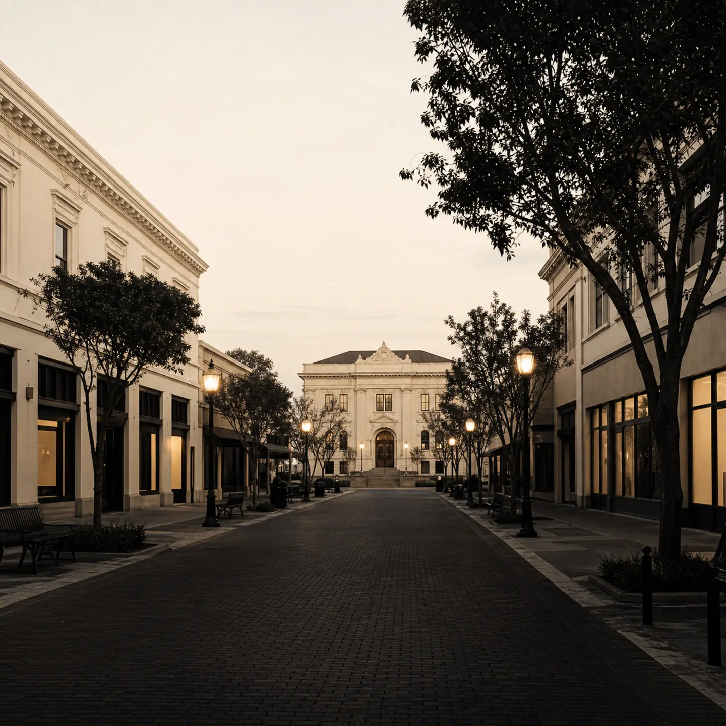 Center Street Promenade's low historic facades leading toward Anaheim's Carnegie Library at evening.