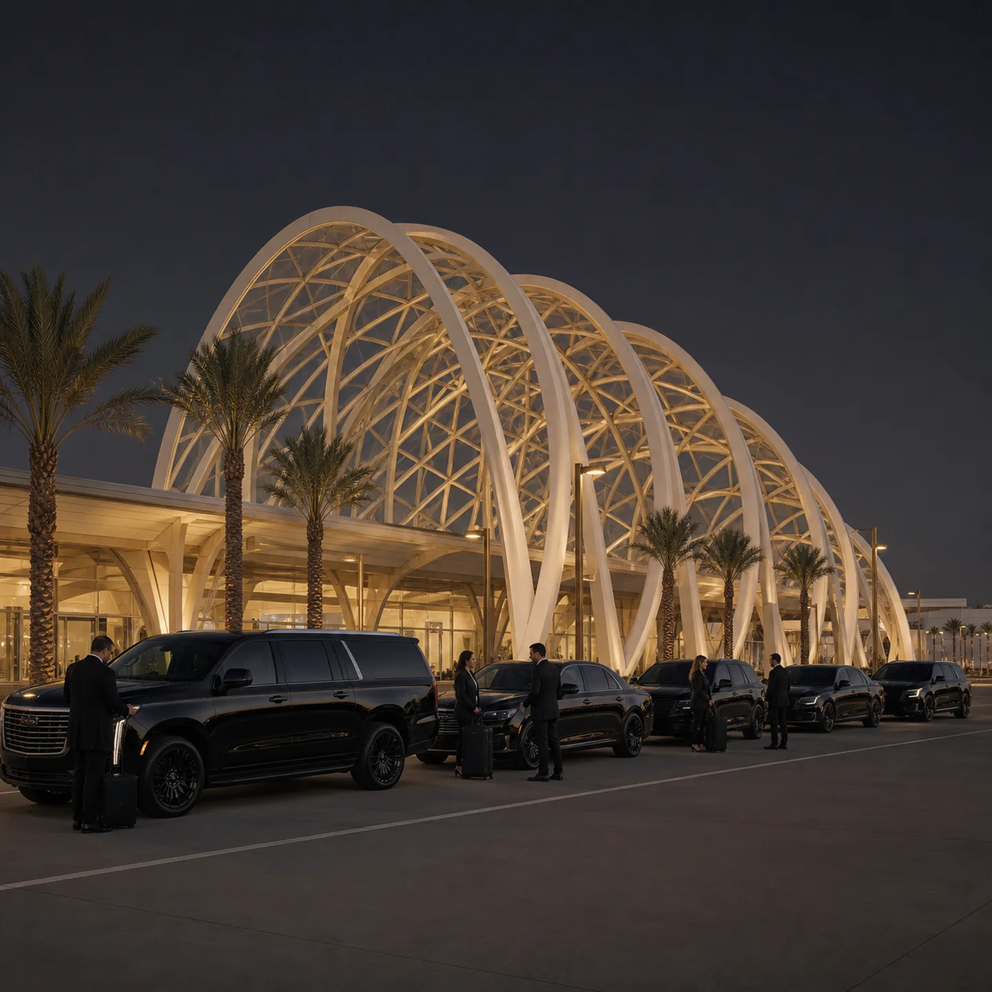 Six near-black executive vehicles in a disciplined curbside line at ARTIC transit center and its tall white interlaced ribbed shell.