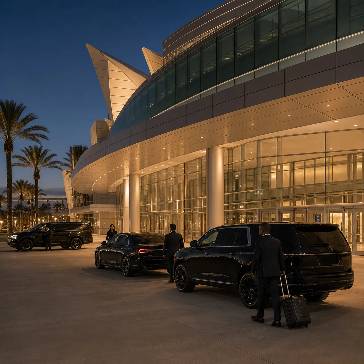 Exactly three near-black executive vehicles in a staggered diagonal arrangement at Anaheim Convention Center glass facade and sweeping white canopy.