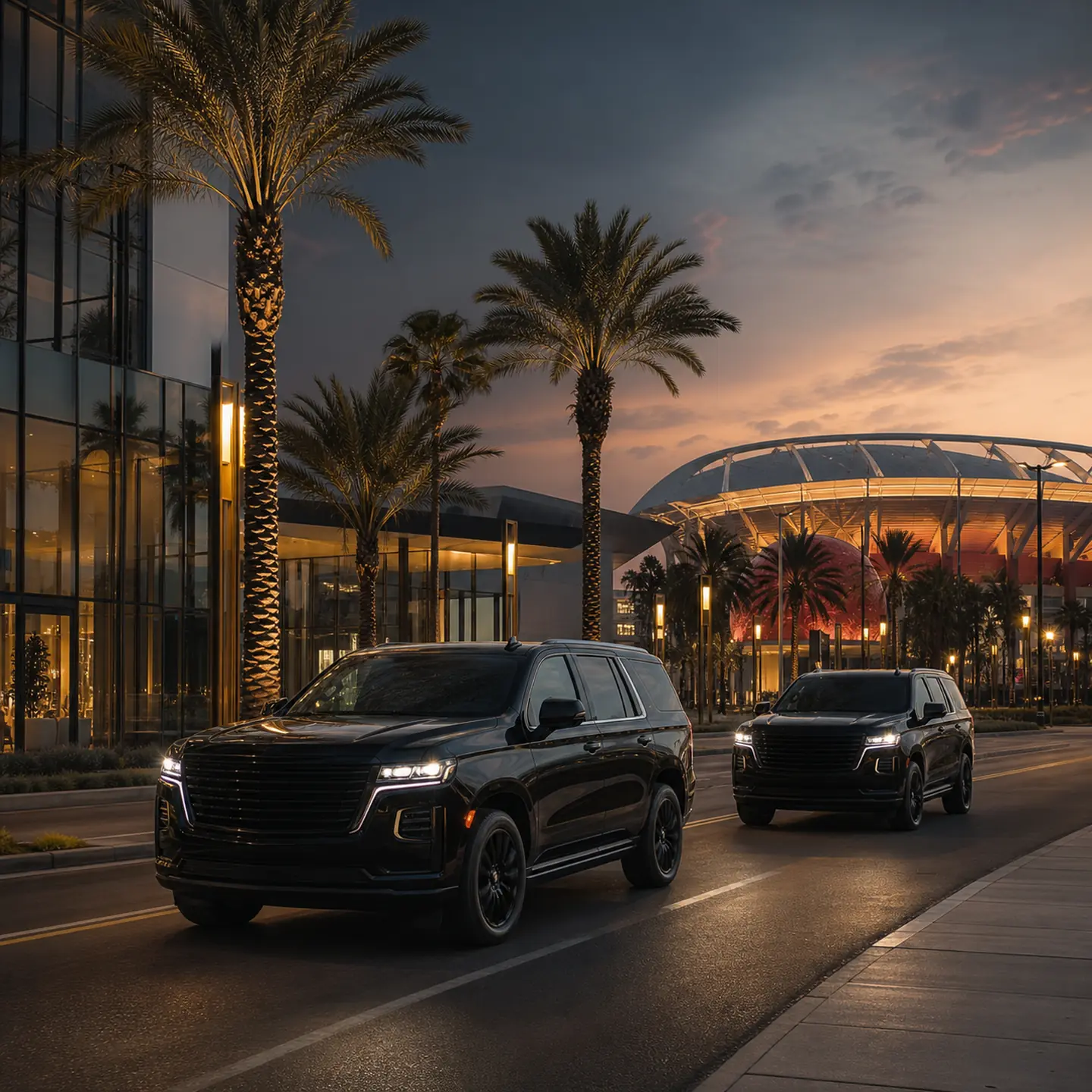 Exactly two near-black executive vehicles moving in convoy at palm-lined Platinum Triangle with Angel Stadium bowl in the distance.