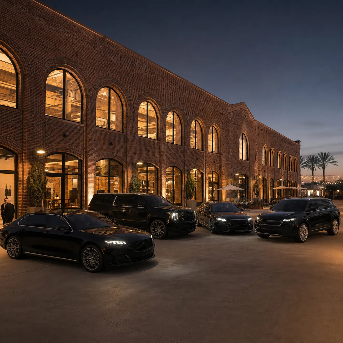 Exactly four near-black executive vehicles parked in an arc outside the brick Anaheim Packing House.