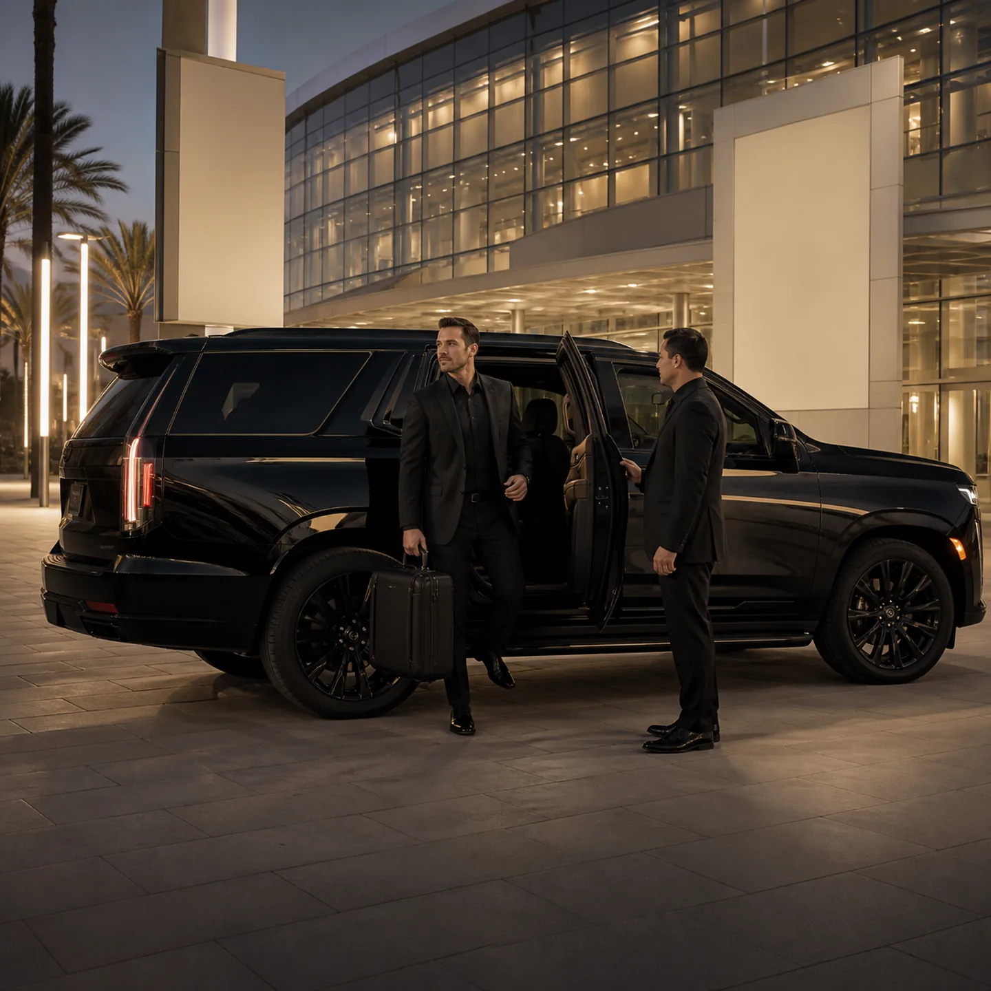 A well-dressed executive stepping from a near-black SUV as a chauffeur holds the rear door at Anaheim Convention Center glass facade.
