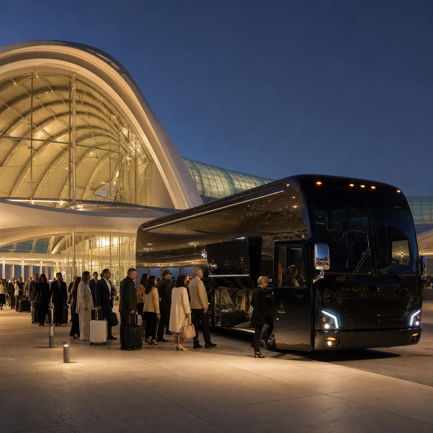 A diverse group of about twenty-eight adults boarding a near-black motorcoach in an orderly line at ARTIC transit center.