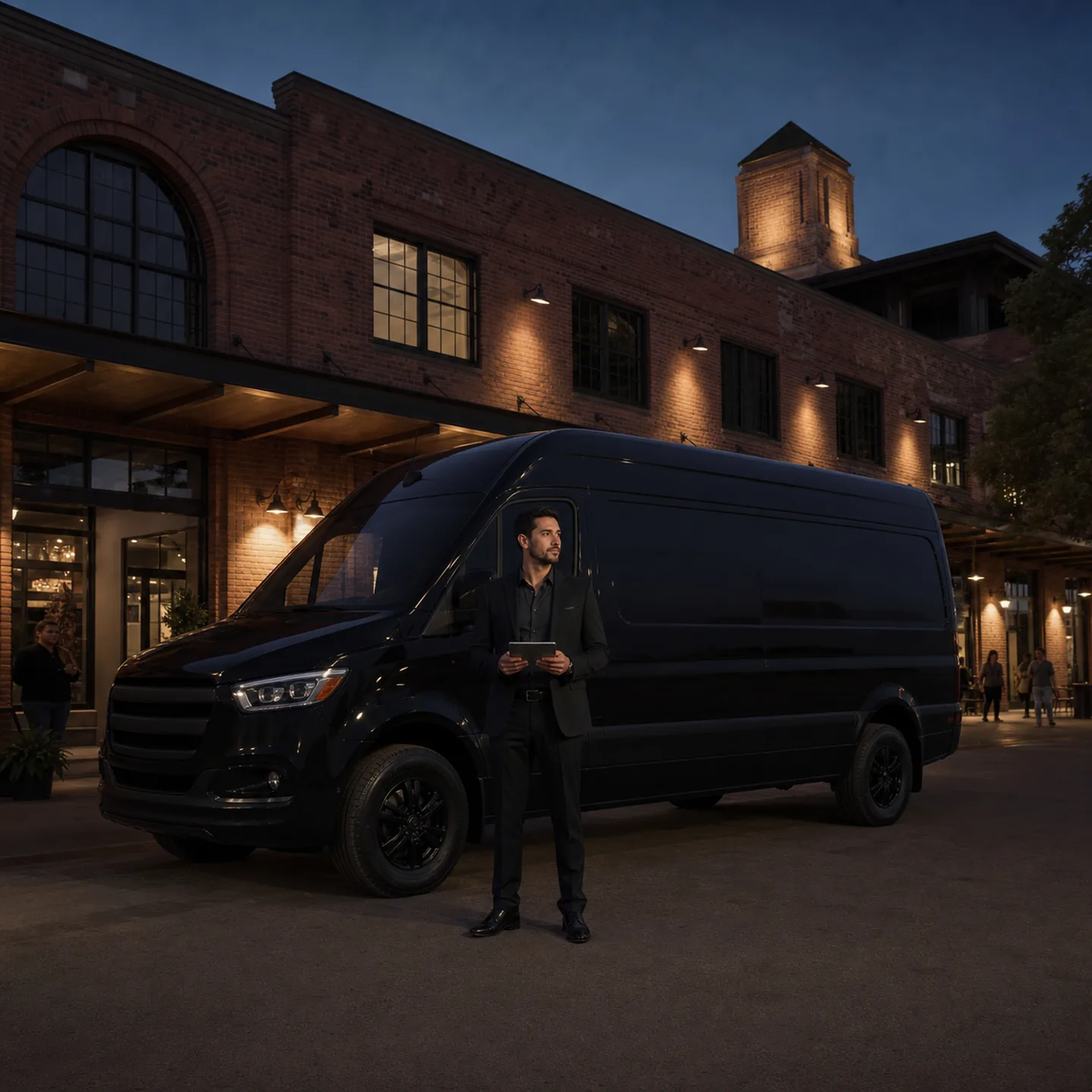 A transportation operations coordinator holding a tablet beside a near-black executive van at Anaheim Packing House brick facade.