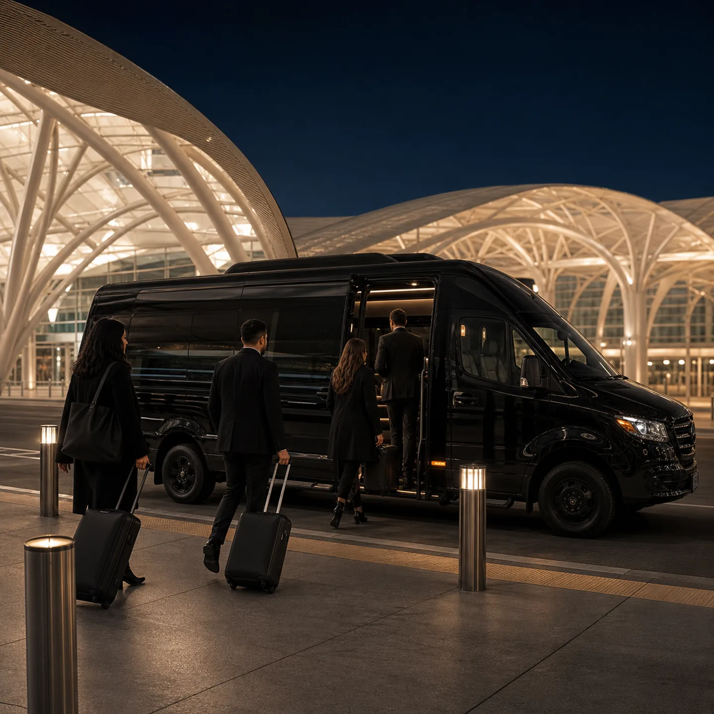 A small group with discreet luggage boarding a near-black executive minibus at ARTIC transit center white ribbed shell.