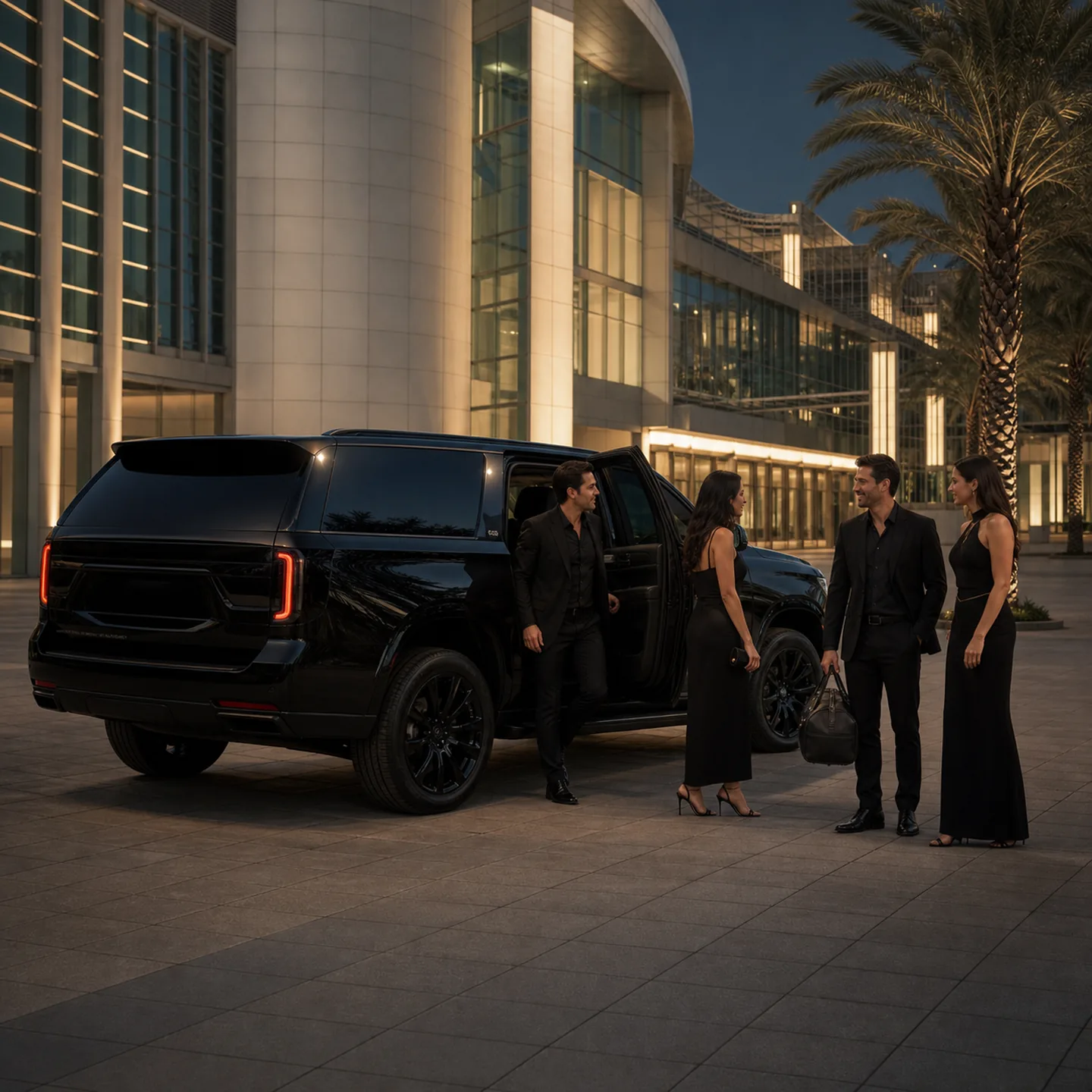 Four adults in evening attire arriving beside a near-black executive SUV at Anaheim Convention Center forecourt after dark.