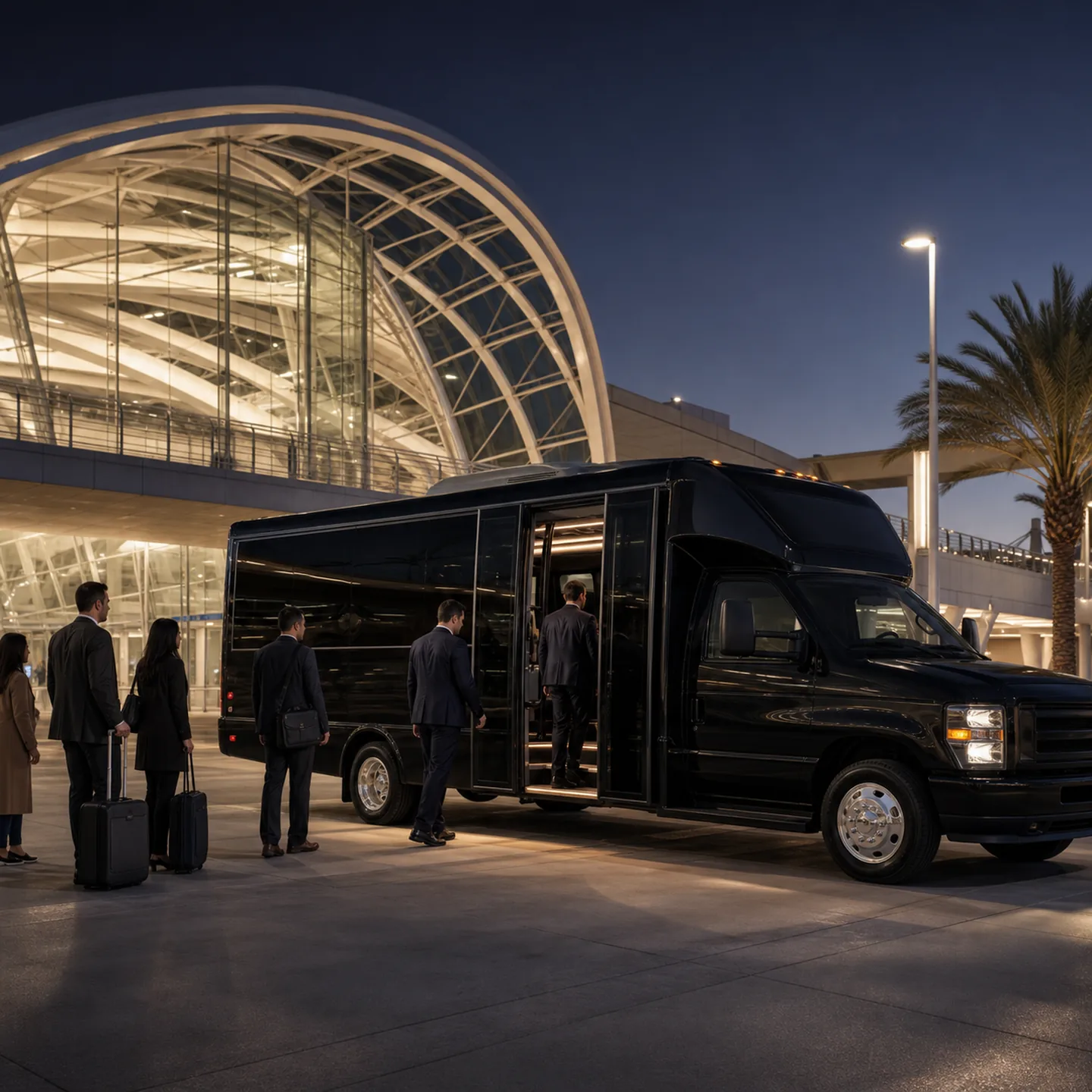 Office commuters boarding a near-black shuttle in an orderly line at ARTIC transit center.