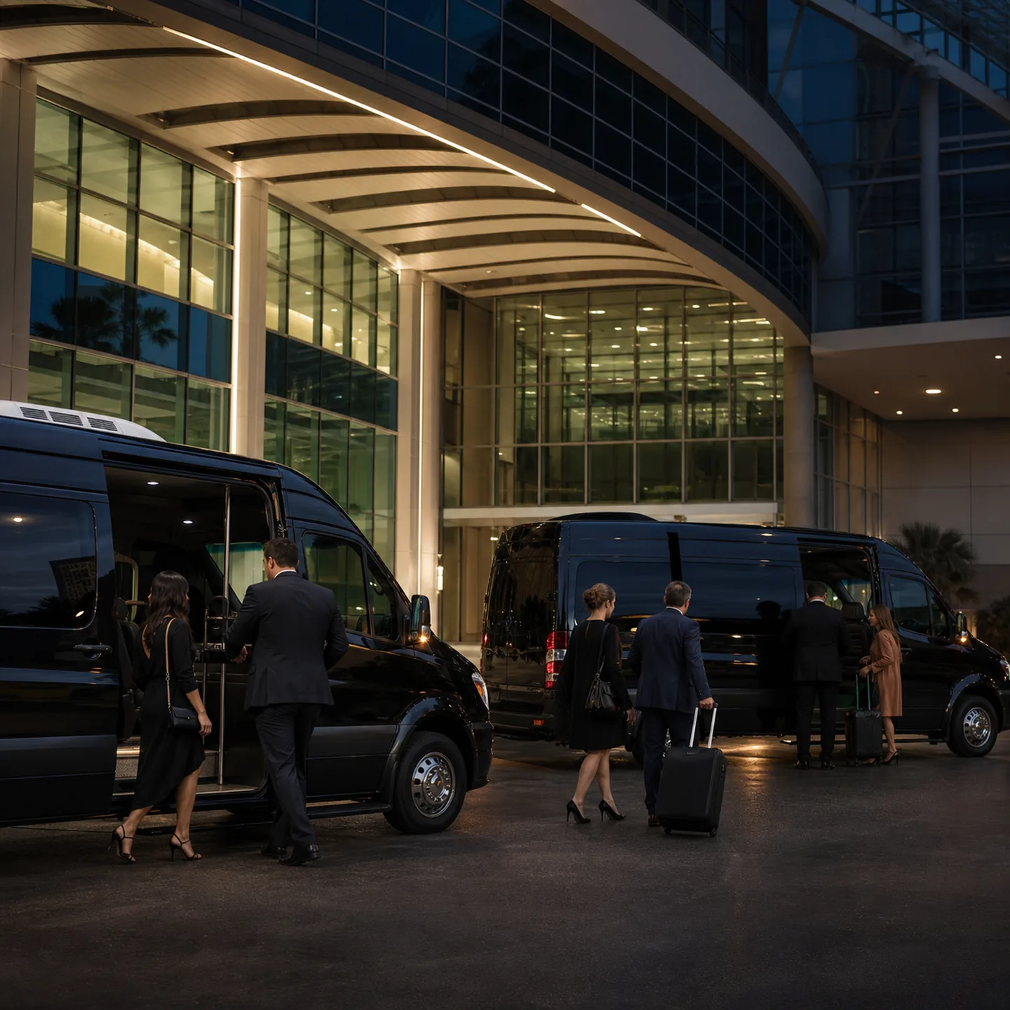 Event guests boarding two near-black shuttles at Anaheim Convention Center glass facade and white canopy.