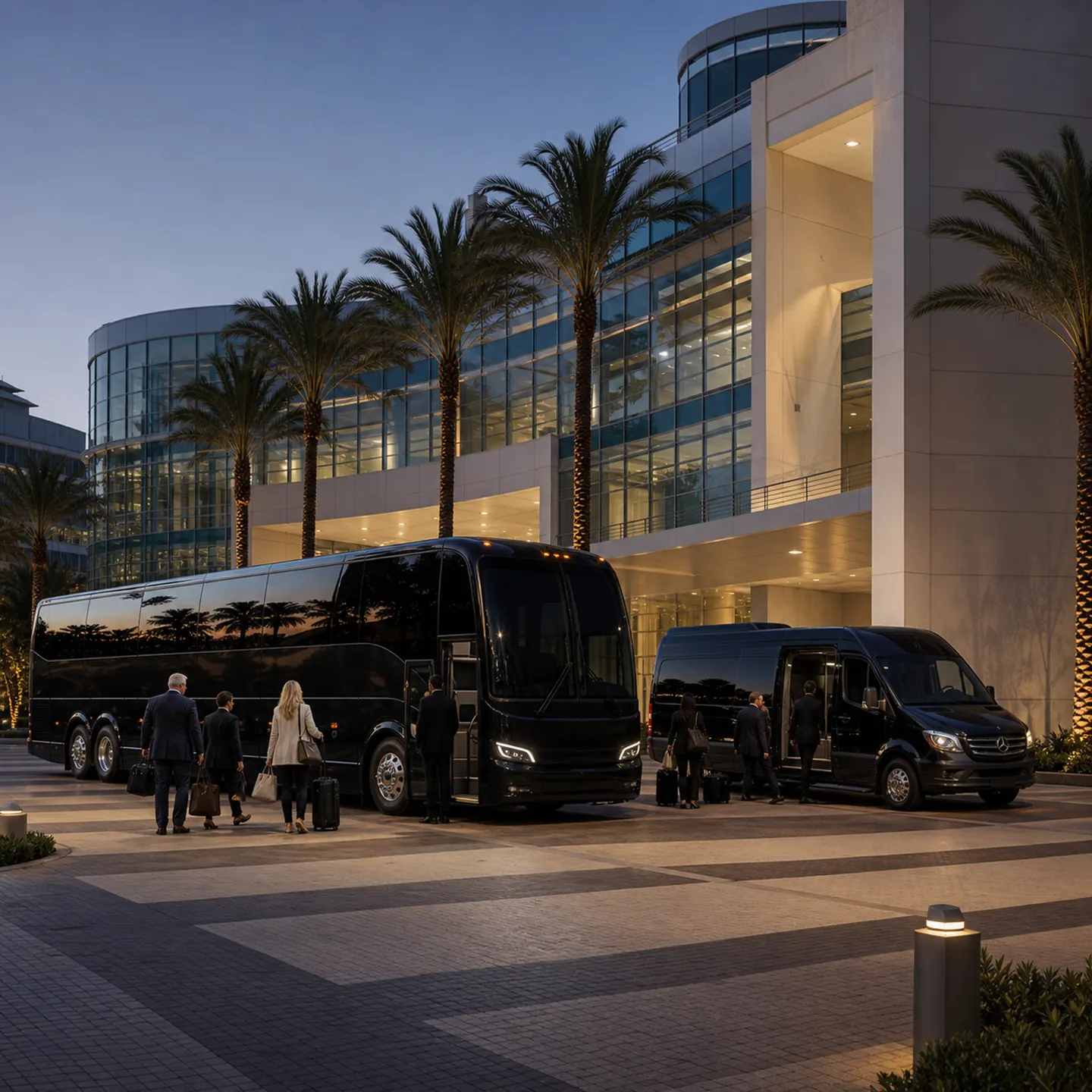 A coordinated arrival of near-black coach and van with small guest groups at Anaheim Convention Center forecourt.