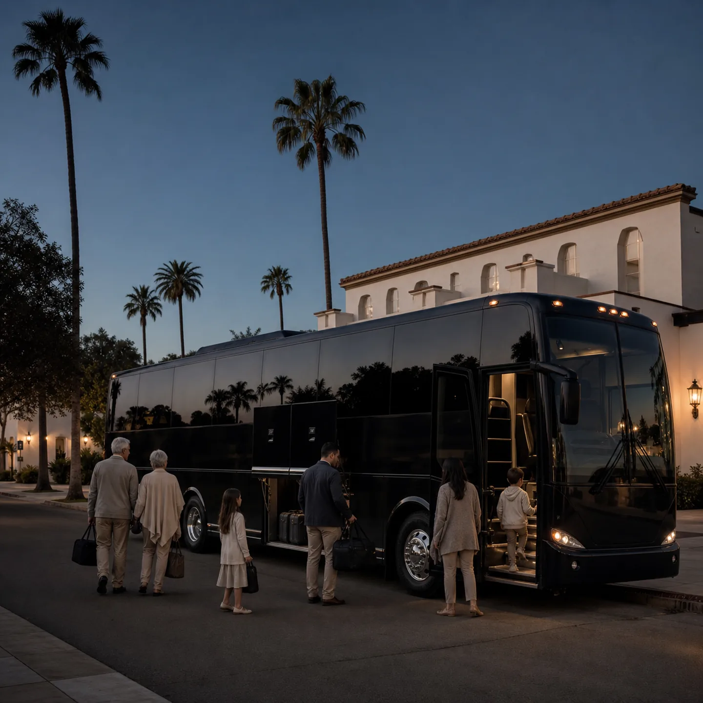 A multigenerational group boarding a near-black motorcoach at a quiet Anaheim neighborhood with low stucco civic architecture and palms.
