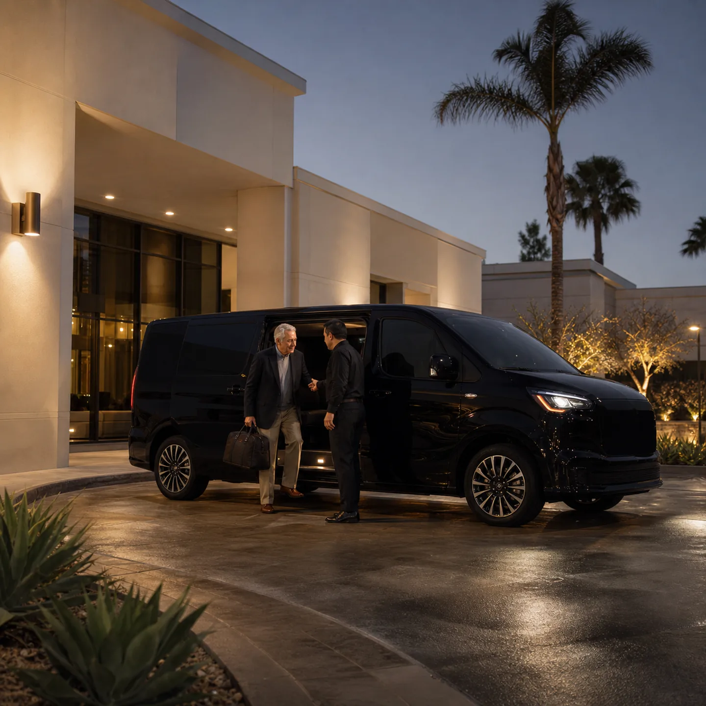 An ambulatory older adult assisted into a near-black executive van by a professional attendant at a modern Anaheim medical-office entrance with warm ivory walls.