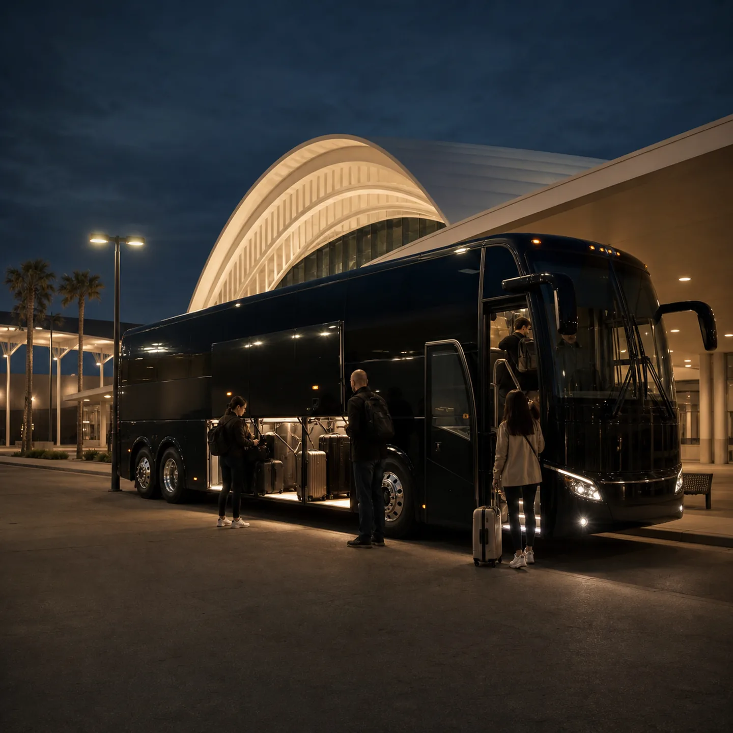 Travelers loading modest luggage into a near-black motorcoach at ARTIC transit center with its unmistakable ribbed shell.