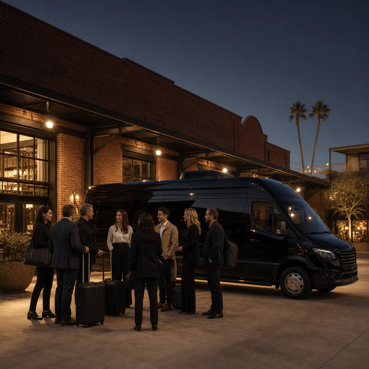 A private group of eight adults gathering beside a near-black executive minibus at restored brick Anaheim Packing House.