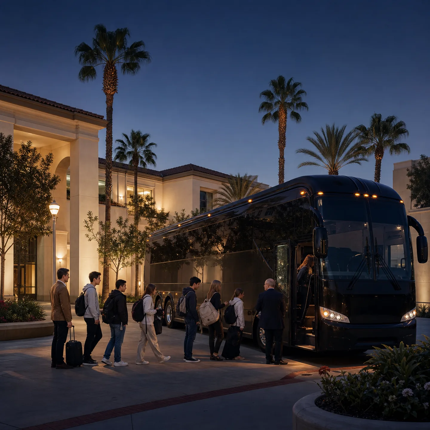 Students with adult chaperones boarding a near-black motorcoach in an orderly line at a clean Anaheim campus curb with warm ivory low-rise buildings.