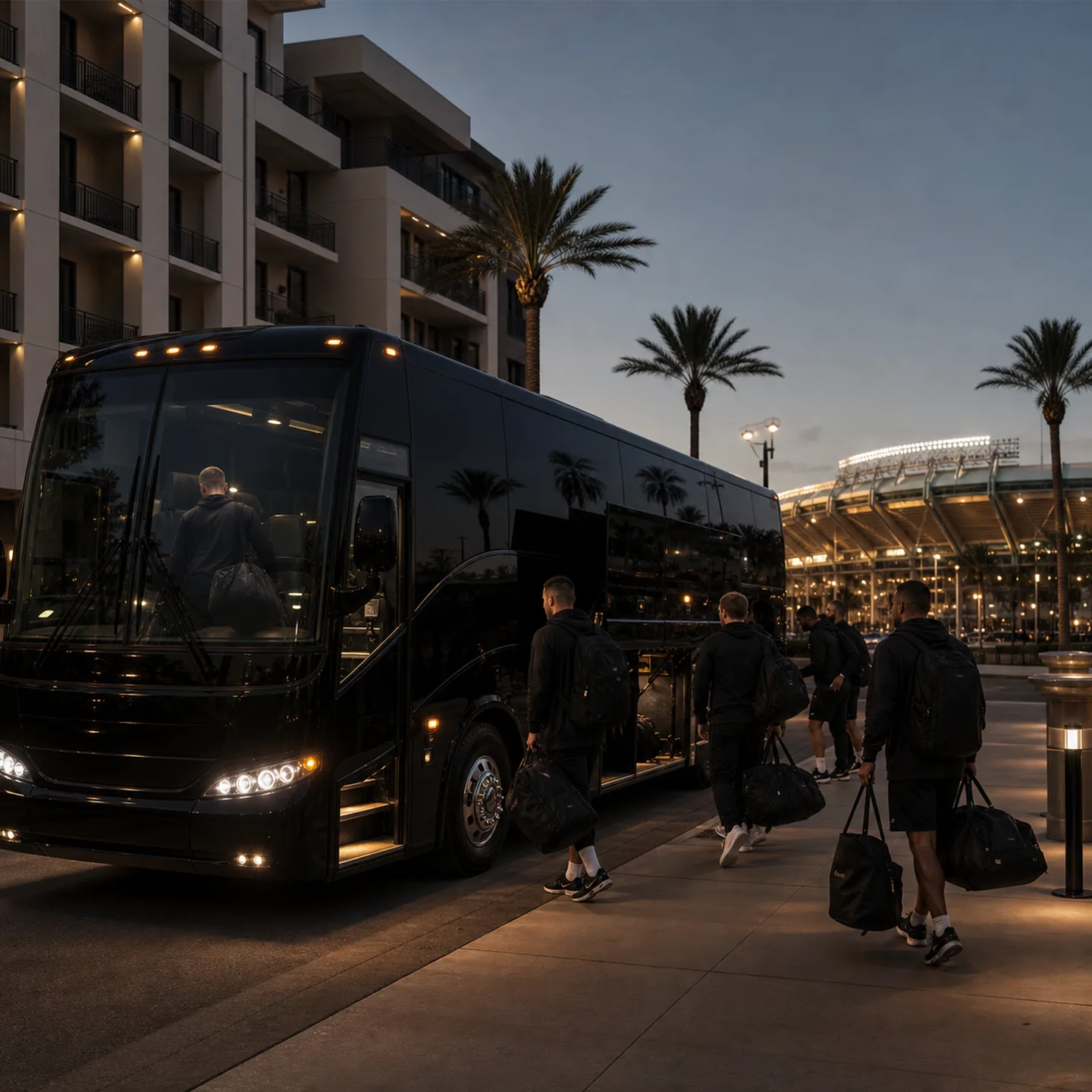 An adult sports team with duffel bags boarding a near-black motorcoach at Platinum Triangle with the Angel Stadium bowl in the distance.