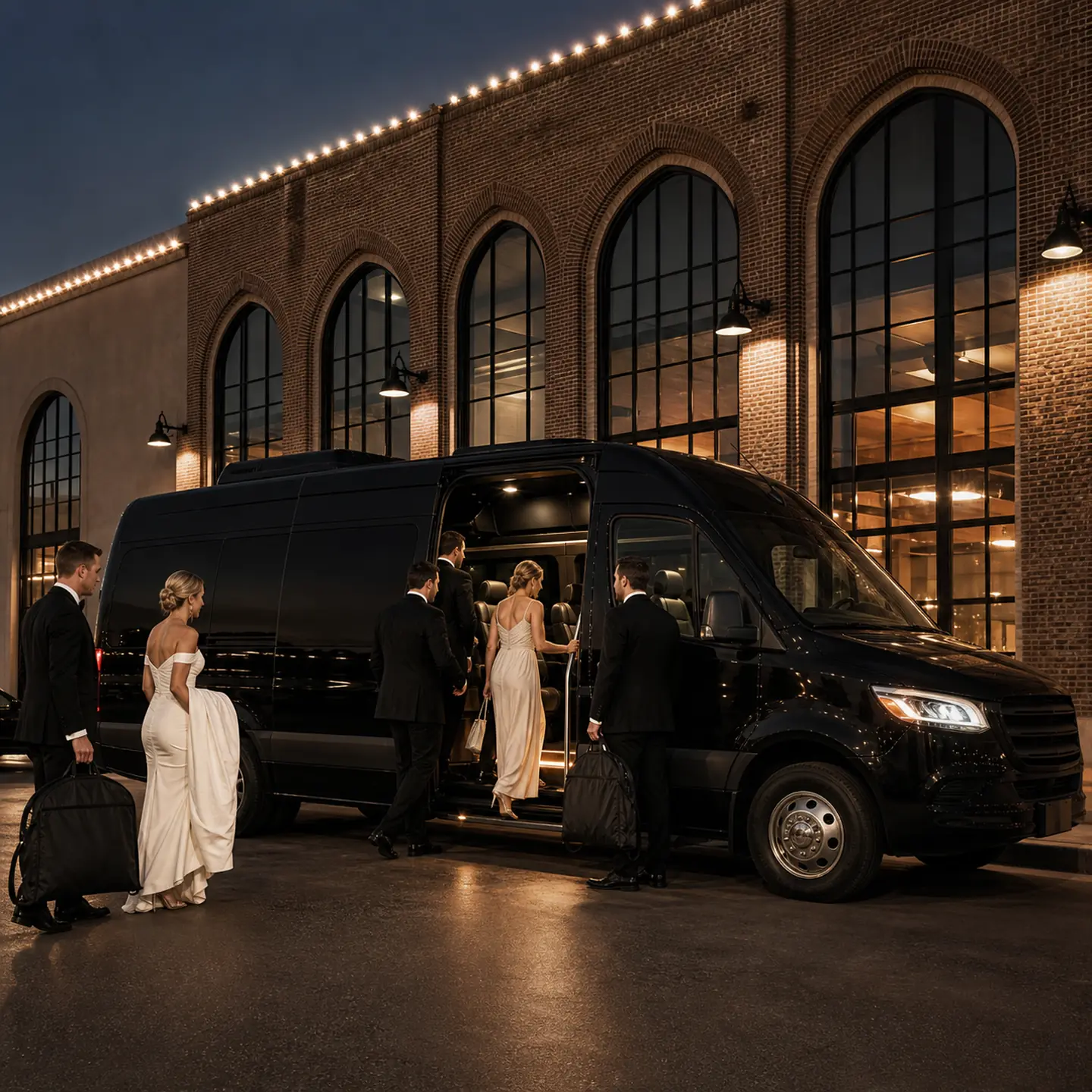 A wedding party in formal attire boarding a near-black executive shuttle at Anaheim Packing House brick and arched-window facade.