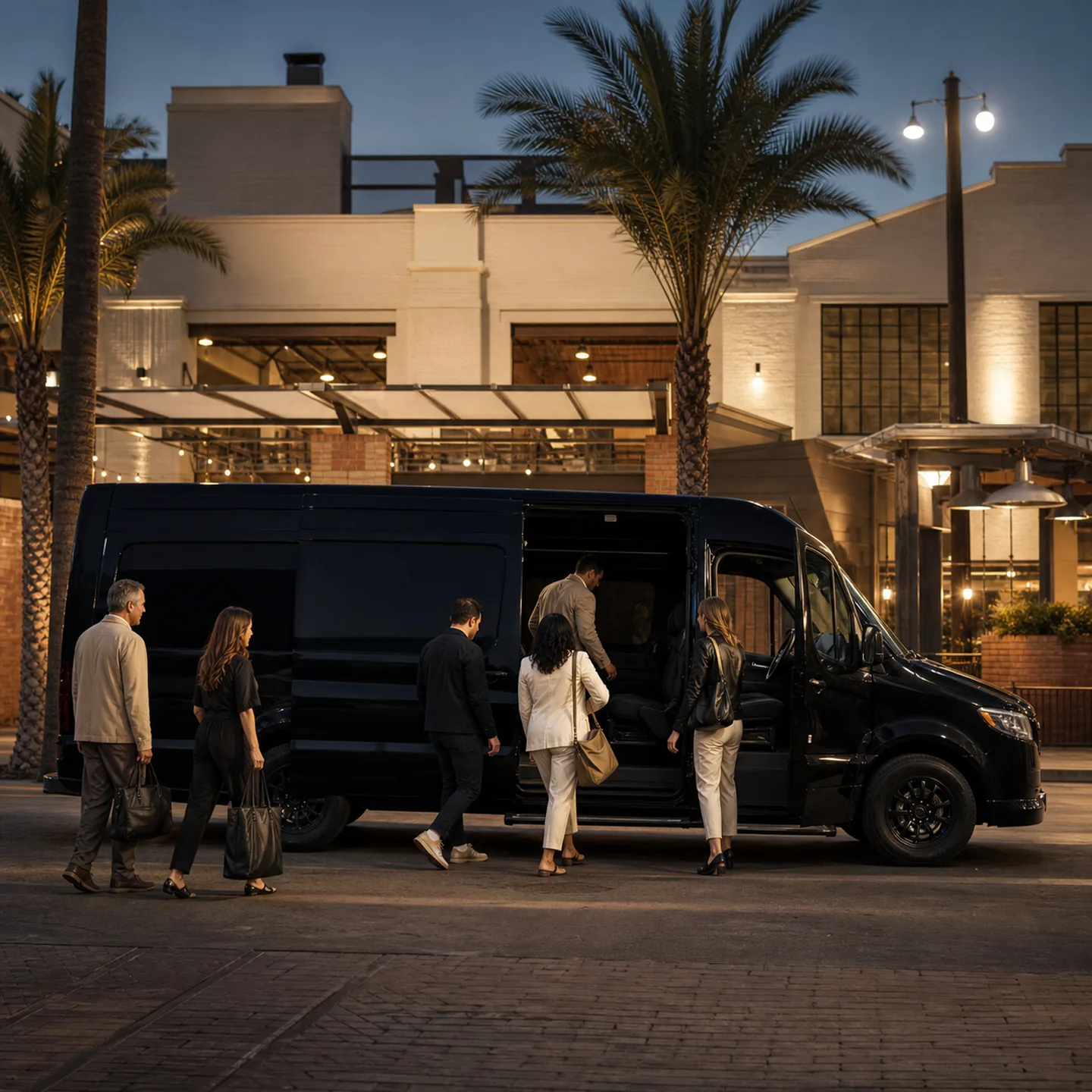 Six adults with small day bags boarding a near-black executive van at palm-lined Anaheim Packing House district at early morning.